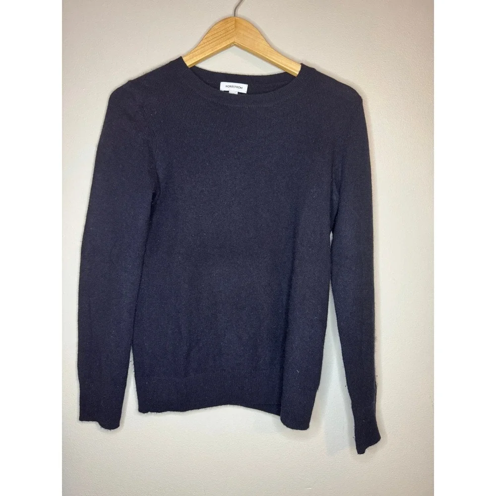Nordstrom Womens Navy Blue 100% Cashmere Crewneck Long Sleeve Sweater XS RN58665